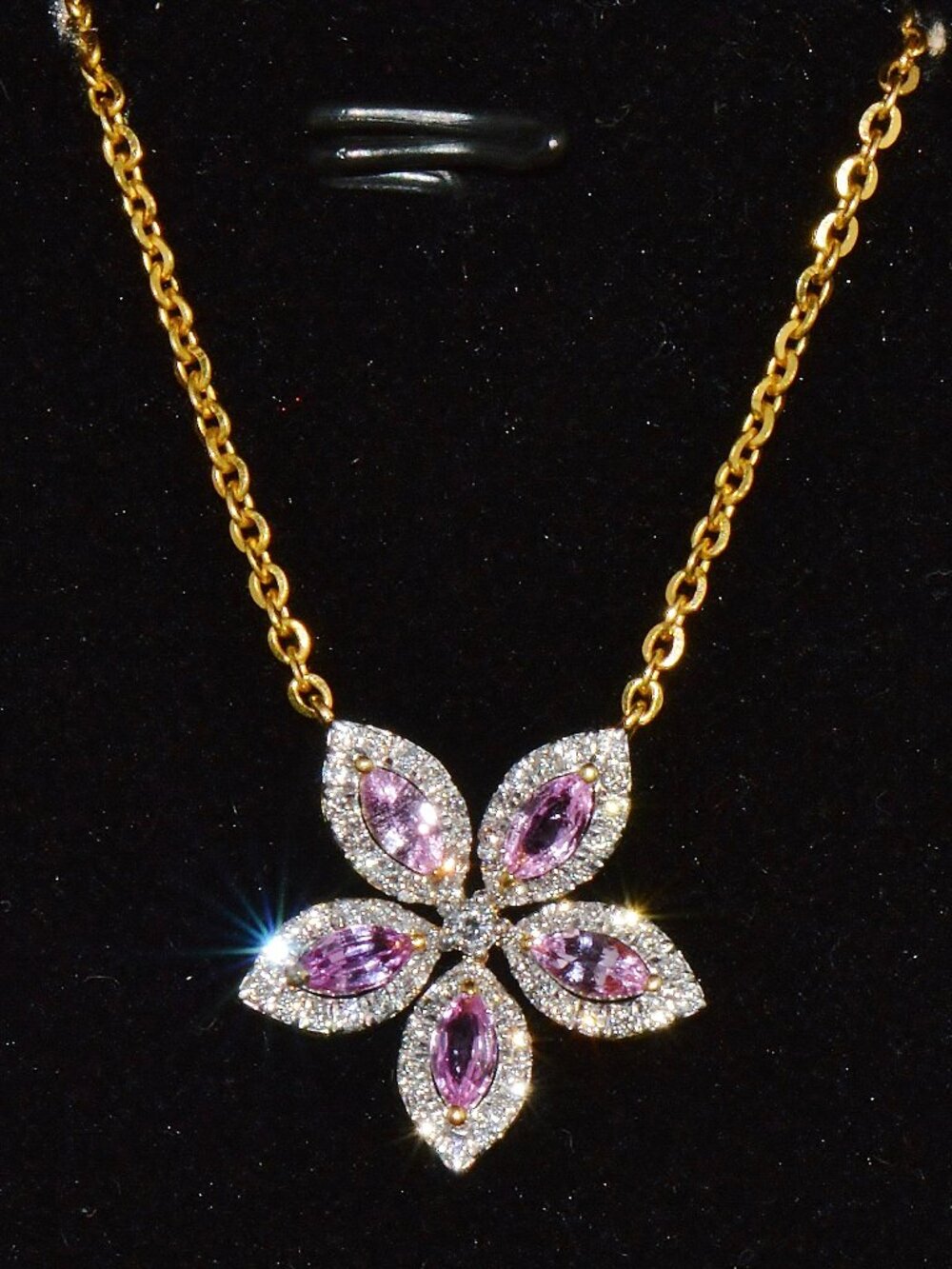 Certified Natural 1.23CTS Pink Sapphire & Diamond Floral Solid 18K Gold Necklace